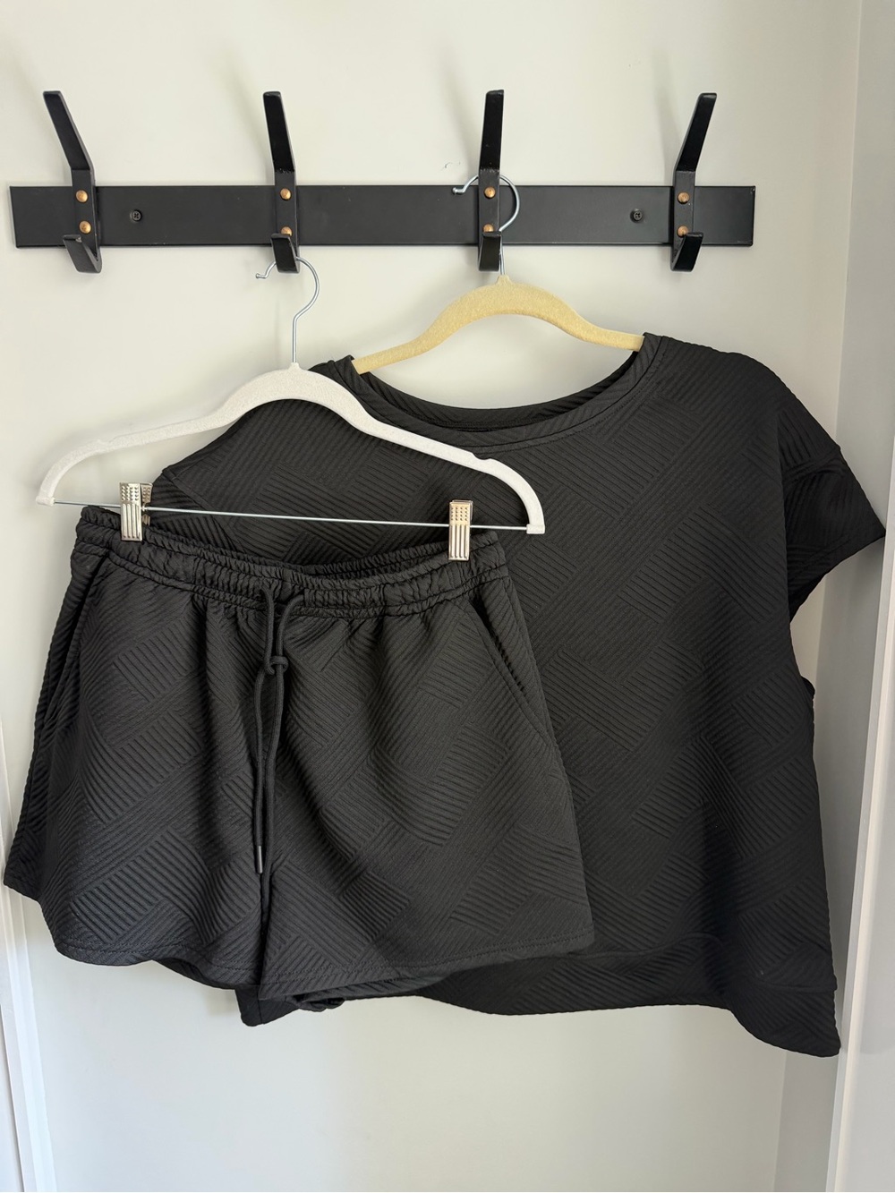 Amazon Black Textured Short Sleeve Top & Drawstring Shorts Set